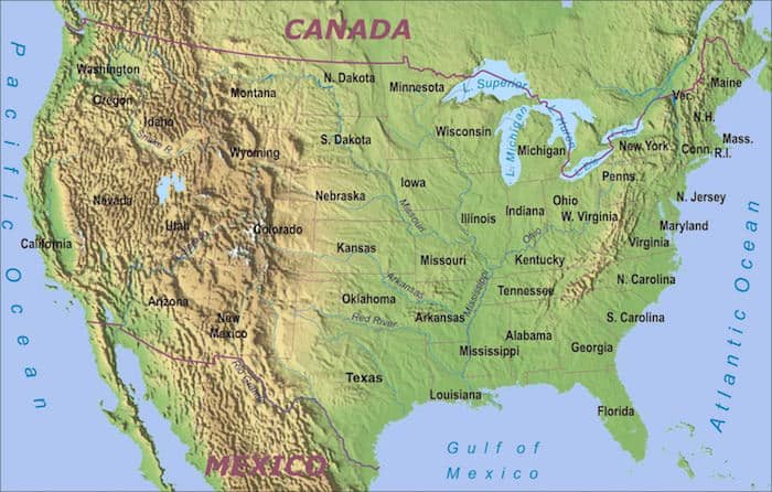 Cartina fisica Stati Uniti d'America