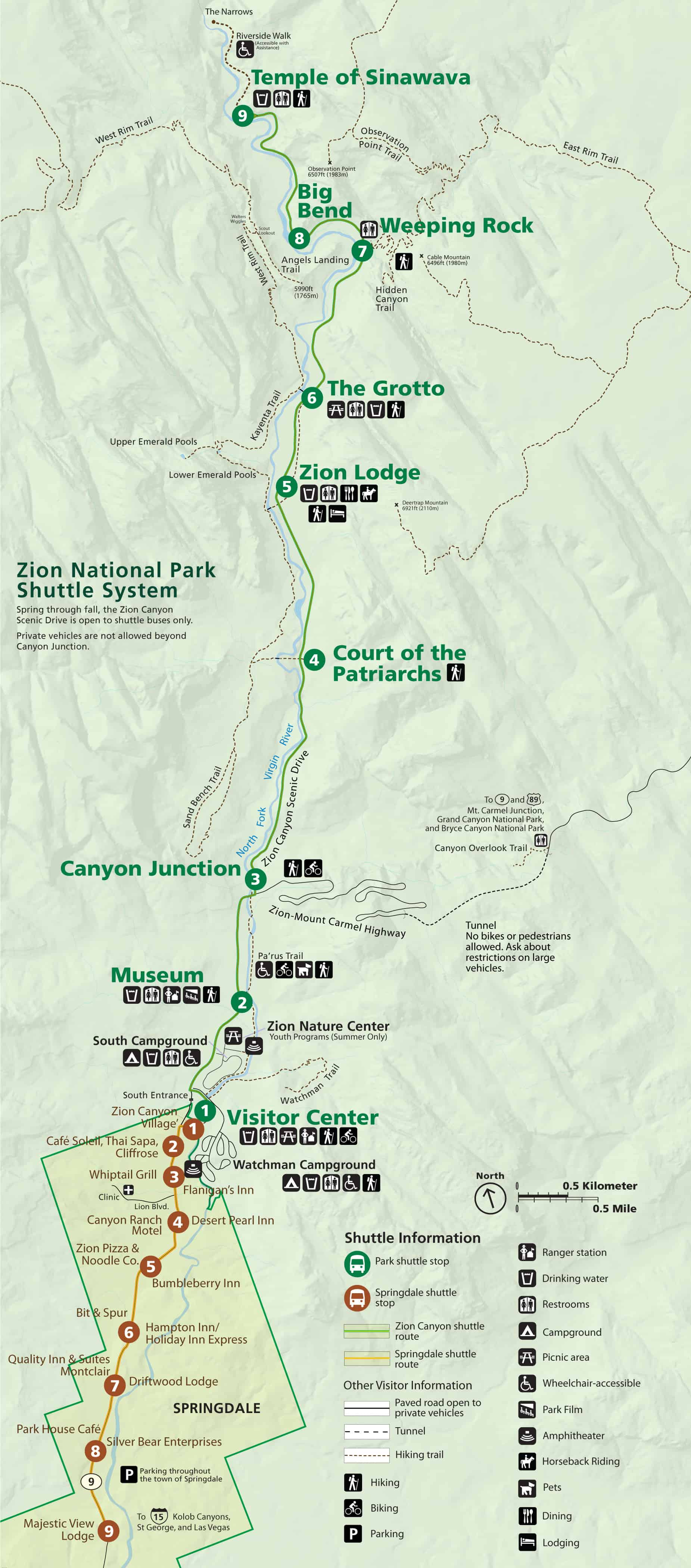 Mappa del bus gratuito dello Zion Park